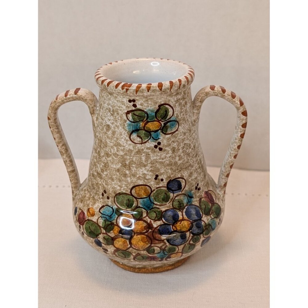 Vintage Italian Hand-Painted Ceramic Double-Handle Vase With Floral Design 4.75"
